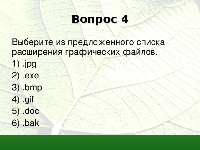 Вопрос 4 Выберите из предложенного списка расширения графических файлов. 1) . jpg 2) . exe 3) . bmp 4) . gif 5) . doc 6) . bak 