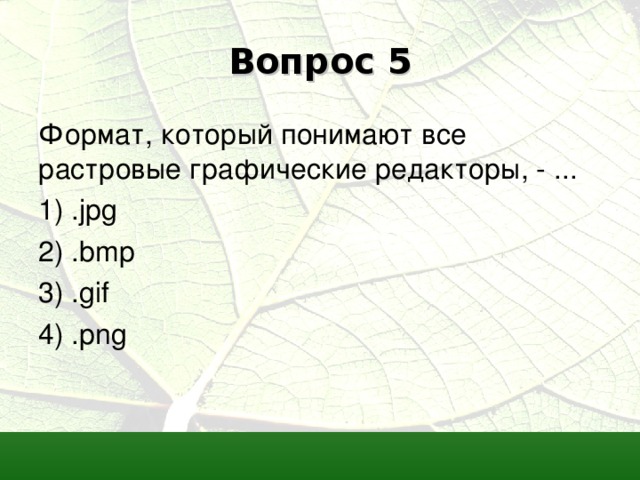 Вопрос 5 Формат, который понимают все растровые графические редакторы, - ... 1) . jpg 2) . bmp  3) . gif 4) . png 