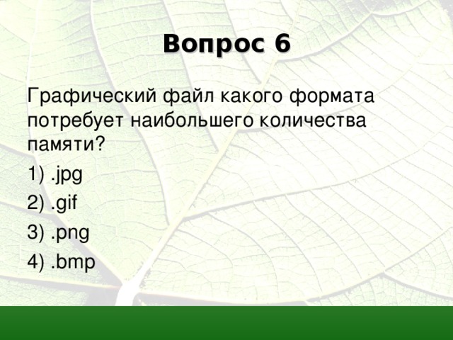 Вопрос 6 Графический файл какого формата потребует наибольшего количества памяти? 1) . jpg 2) . gif 3) . png 4) . bmp 