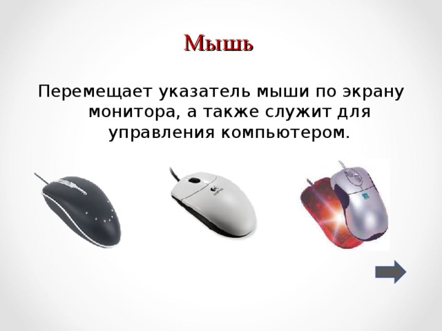 Мышь Перемещает указатель мыши по экрану монитора, а также служит для управления компьютером. 