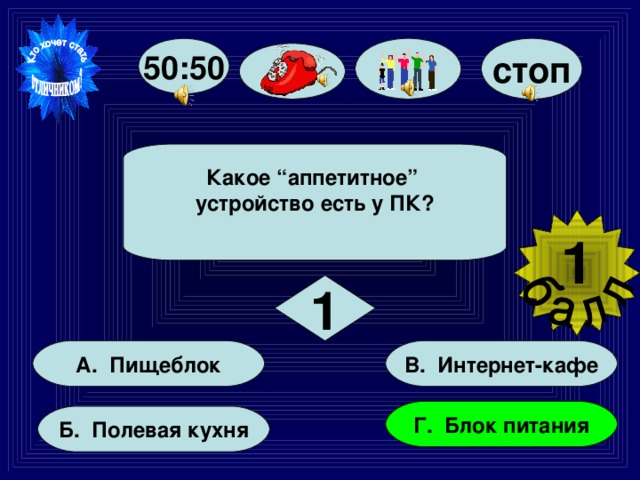 стоп 50:50 Какое “аппетитное” устройство есть у ПК?  1  1 В. Интернет-кафе А. Пищеблок Г. Блок питания Б. Полевая кухня 
