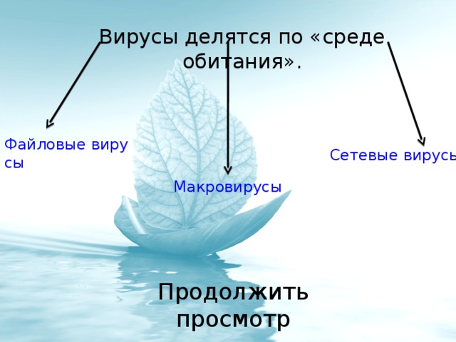 Вирусы делятся по «среде обитания». Файловые вирусы Сетевые вирусы Макровирусы Продолжить просмотр 