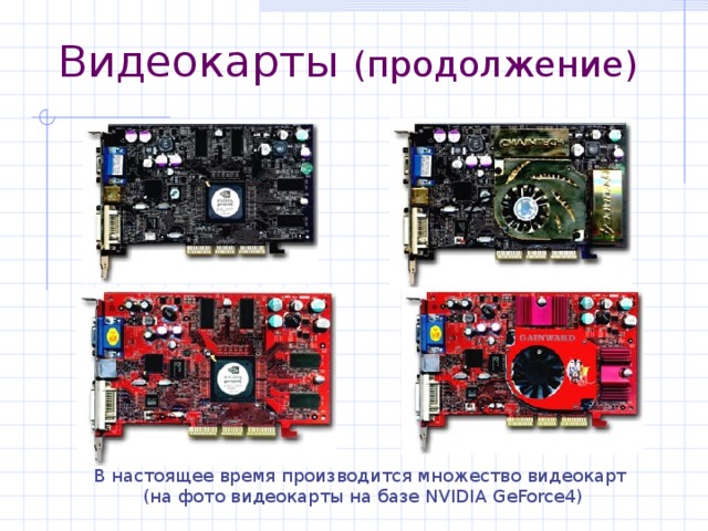 Видеокарты (продолжение) В настоящее время производится множество видеокарт  (на фото видеокарты на базе NVIDIA GeForce4 ) 