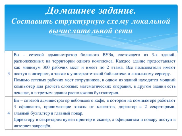 Домашнее задание.  Составить структурную схему локальной вычислительной сети 3 Вы – сетевой администратор большого ВУЗа, состоящего из 3-х зданий, расположенных на территории одного комплекса. Каждое здание предоставляет как минимум 300 рабочих мест и имеет по 2 этажа. Все пользователи имеют доступ в интернет, а также к университетской библиотеке и локальному серверу. Помимо сетевых рабочих мест сотрудников, в одном из зданий находится мощный компьютер для расчёта сложных математических операций, в другом здании есть деканат, а в третьем здании расположена бухгалтерия. 4 Вы – сетевой администратор небольшого кафе, в котором на компьютере работают 3 официанта, принимающие заказы от клиентов, директор с 2 секретарями, главный бухгалтер и главный повар. Директору и секретарям нужен принтер и сканер, а официантам и повару доступ в интернет запрещён. 
