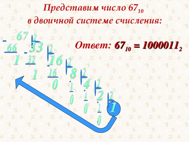 Представим число 67 10  в двоичной системе счисления: Ответ: 67 10 = 1000011 2  