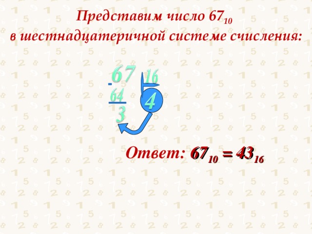 Представим число 67 10  в шестнадцатеричной системе счисления: Ответ: 67 10 = 43 16  