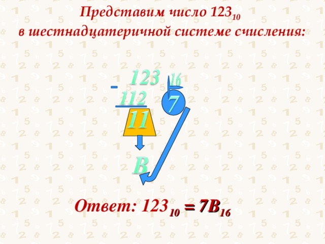 Представим число 123 10  в шестнадцатеричной системе счисления: Ответ: 123 10 = 7В 16  