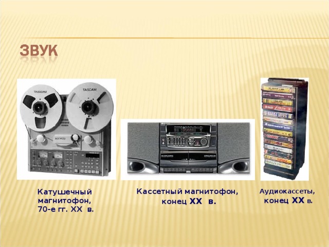 Кассетный магнитофон,  конец XX в. Катушечный магнитофон,  70-е гг. XX в. Аудиокассеты,   конец XX в. 