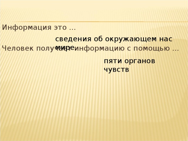 Информация это … Человек получает информацию с помощью … сведения об окружающем нас мире. пяти органов чувств 