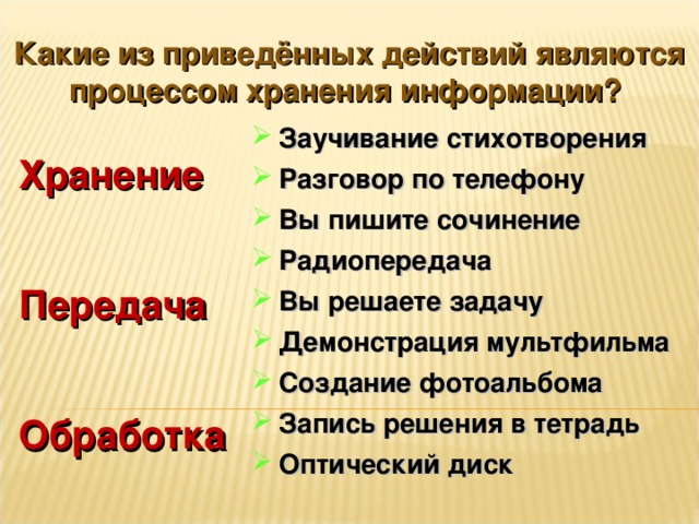Какие из приведённых действий являются процессом хранения информации? Заучивание стихотворения Разговор по телефону Вы пишите сочинение Радиопередача Вы решаете задачу Демонстрация мультфильма Создание фотоальбома Запись решения в тетрадь Оптический диск Хранение  Передача  Обработка 