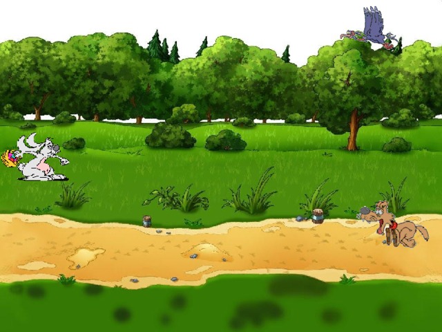 Проведите зайца по лужайке и собаку по тропинке на встречу друг другу. Для этого каждому из них задайте свой путь перемещения, настройте эффект с медленной скоростью. Приведите в движение птицу.  