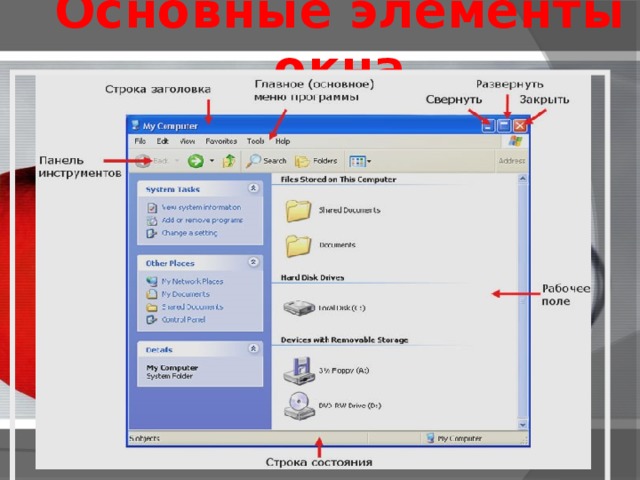 Основные элементы окна 