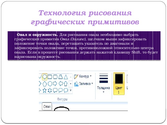 Технология рисования графических примитивов  Овал и окружность.  Для рисования овала необходимо выбрать графический примитив  Овал (Эллипс) , щелчком мыши зафиксировать положение точки овала, перетащить указатель по диагонали и зафиксировать положение точки, противоположной относительно центра овала. Если в процессе рисования держать нажатой клавишу Shift, то будет нарисована окружность. 