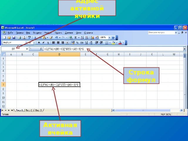 Адрес активной ячейки Строка формул Активная ячейка 