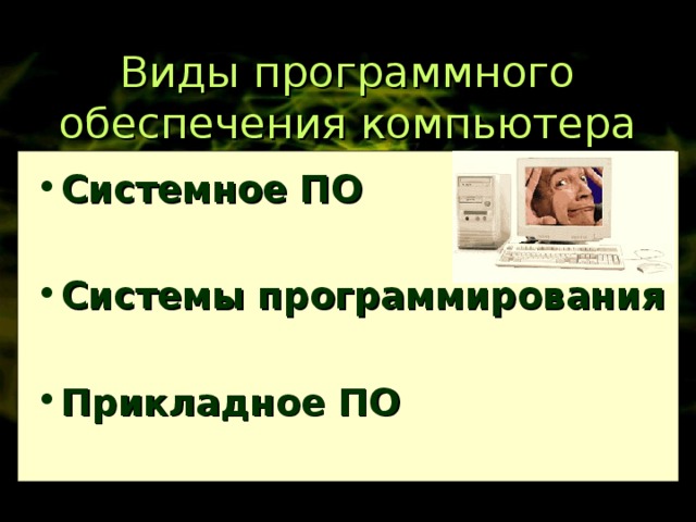 Виды программного обеспечения компьютера Системное ПО  Системы программирования  Прикладное ПО 