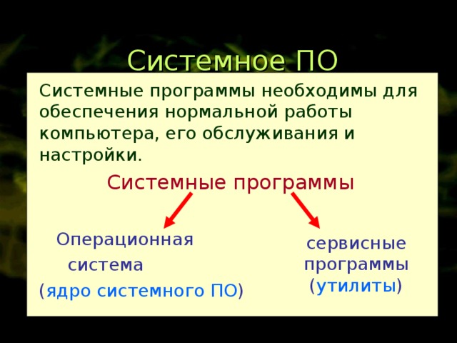 Системное ПО Системные программы необходимы для обеспечения нормальной работы компьютера, его обслуживания и настройки. Системные программы  Операционная  система ( ядро системного ПО ) сервисные программы ( утилиты ) 