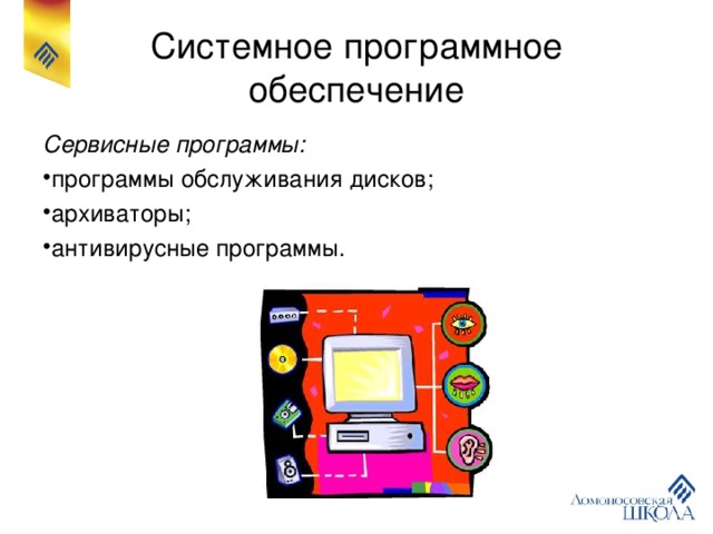 Системное программное обеспечение Сервисные программы: программы обслуживания дисков; архиваторы; антивирусные программы. 