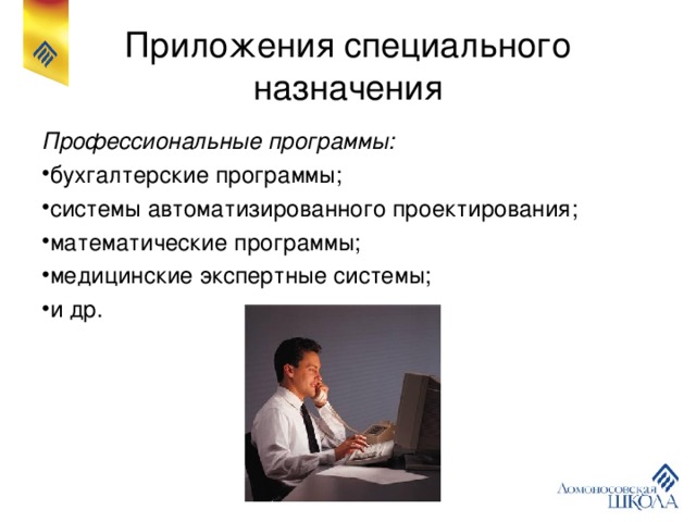 Приложения специального назначения Профессиональные программы: бухгалтерские программы; системы автоматизированного проектирования; математические программы; медицинские экспертные системы; и др. 