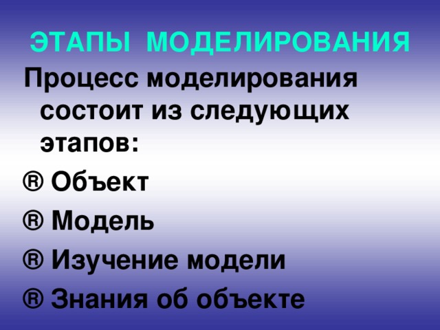ЭТАПЫ МОДЕЛИРОВАНИЯ Процесс моделирования состоит из следующих этапов: ® Объект ® Модель ® Изучение модели ® Знания об объекте 