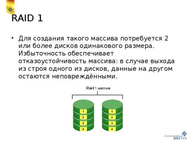 RAID 1 Для создания такого массива потребуется 2 или более дисков одинакового размера. Избыточность обеспечивает отказоустойчивость массива: в случае выхода из строя одного из дисков, данные на другом остаются неповреждёнными. 