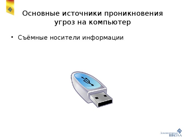 Основные источники проникновения угроз на компьютер Съёмные носители информации 