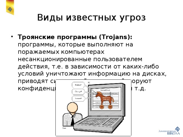 Виды известных угроз Троянские программы (Trojans): программы, которые выполняют на поражаемых компьютерах несанкционированные пользователем действия, т.е. в зависимости от каких-либо условий уничтожают информацию на дисках, приводят систему к 