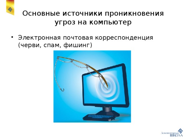 Основные источники проникновения угроз на компьютер Электронная почтовая корреспонденция (черви, спам, фишинг) 