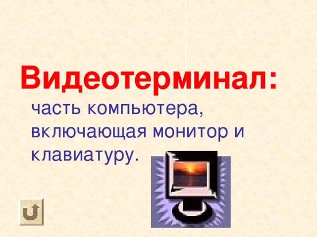 Видеотерминал:  часть компьютера, включающая монитор и клавиатуру. 