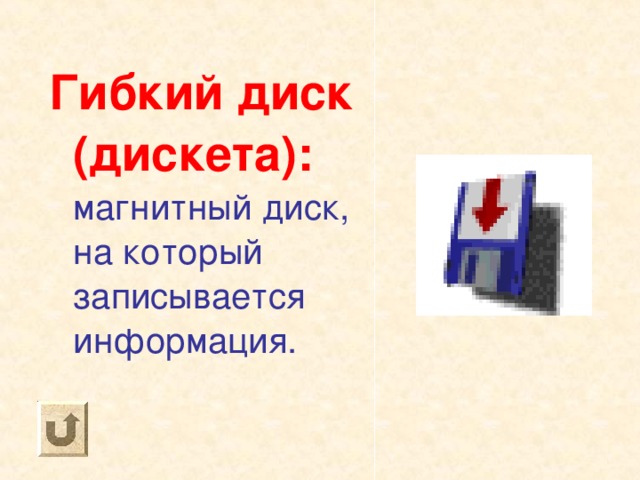 Гибкий диск (дискета):  магнитный диск, на который записывается информация. 