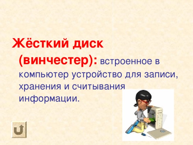 Жёсткий диск (винчестер): встроенное в компьютер устройство для записи, хранения и считывания информации. 