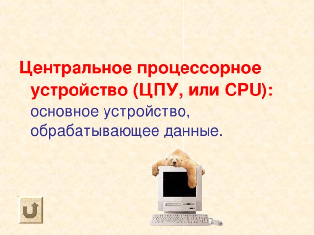 Центральное процессорное устройство (ЦПУ, или CPU ): основное устройство, обрабатывающее данные. 