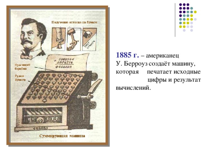     1885 г.  – американец У. Берроуз создаёт машину, которая печатает исходные цифры и результат вычислений. 