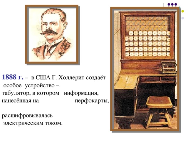 1888 г.  – в США Г. Холлерит создаёт  особое устройство – табулятор, в котором информация, нанесённая на перфокарты, расшифровывалась  электрическим током. 