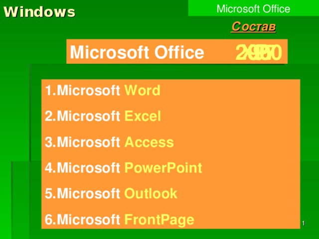 Windows Microsoft Office Состав 95 97 2000 XP Microsoft Office Microsoft Word Microsoft Excel Microsoft Access Microsoft PowerPoint Microsoft Outlook Microsoft FrontPage  