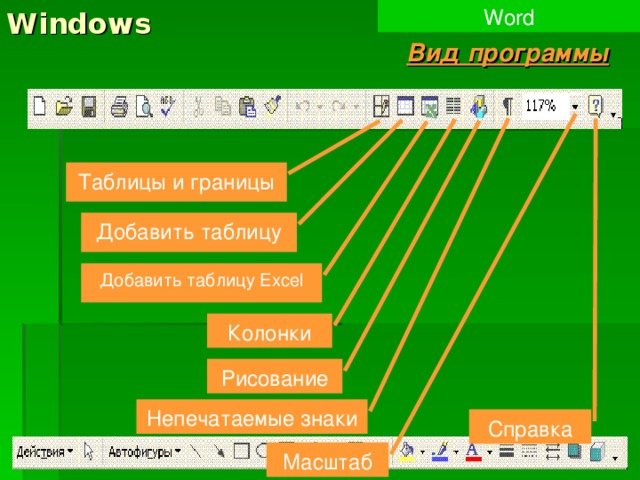 Windows Word Вид программы Таблицы и границы Добавить таблицу Добавить таблицу Excel Колонки Рисование Непечатаемые знаки Справка  Масштаб 