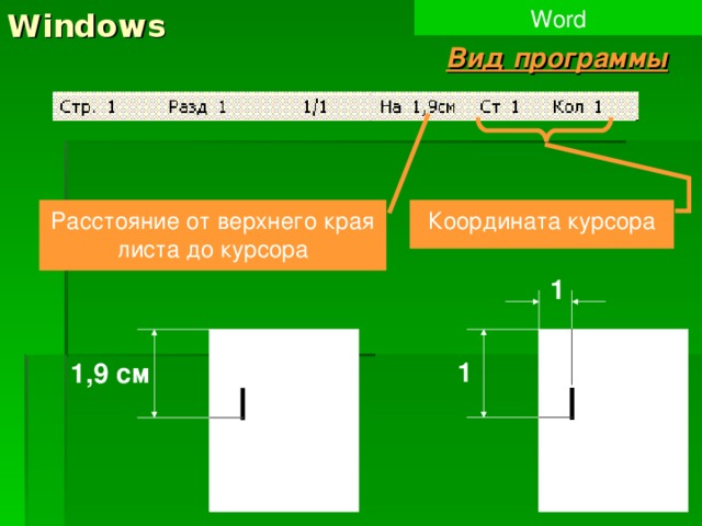Windows Word Вид программы Координата курсора Расстояние от верхнего края листа до курсора 1 1 1,9 см  