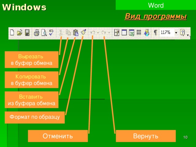 Windows Word Вид программы Вырезать  в буфер обмена Копировать  в буфер обмена Вставить  из буфера обмена Формат по образцу Отменить Вернуть  