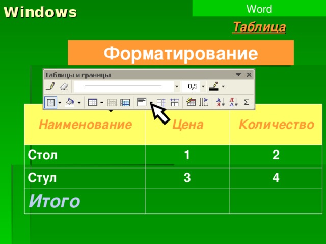 Windows Word Таблица Форматирование Наименование Стол Цена Количество 1 Стул 2 Итого 3 4 