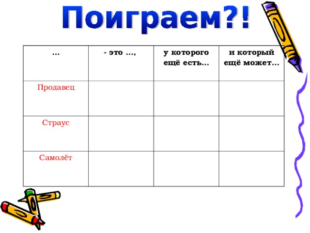 … - это …, Продавец у которого ещё есть… Страус и который ещё может… Самолёт 