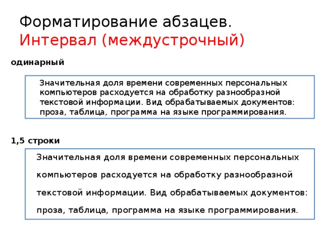 Форматирование абзацев. Интервал (междустрочный) одинарный  Значительная доля времени современных персональных компьютеров расходуется на обработку разнообразной текстовой информации. Вид обрабатываемых документов: проза, таблица, программа на языке программирования. 1,5 строки  Значительная доля времени современных персональных компьютеров расходуется на обработку разнообразной текстовой информации. Вид обрабатываемых документов: проза, таблица, программа на языке программирования. 