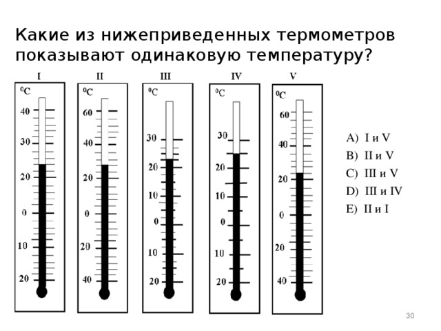 Какие из нижеприведенных термометров показывают одинаковую температуру?   А)  I и V B)  II и V C)  III и V D)  III и IV E)  II и I  