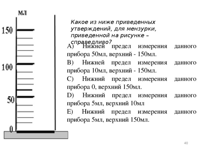 Какое из ниже приведенных утверждений, для мензурки, приведенной на рисунке – справедливо? А)  Нижней предел измерения данного прибора 50мл, верхний - 150мл. B)  Нижней предел измерения данного прибора 10мл, верхний - 150мл. C)  Нижний предел измерения данного прибора 0, верхний 150мл. D)  Нижний предел измерения данного прибора 5мл, верхний 10мл E)  Нижний предел измерения данного прибора 5мл, верхний 150мл.  