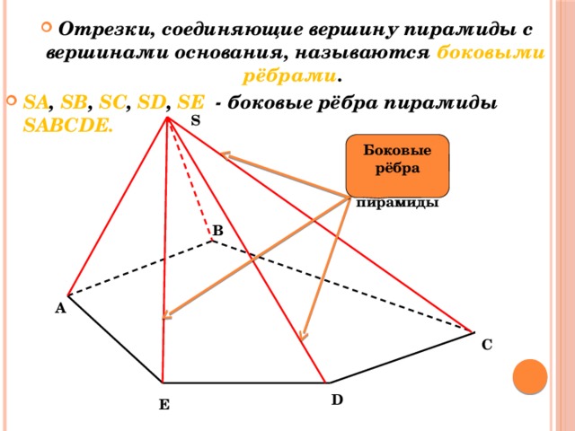 Отрезки, соединяющие вершину пирамиды с вершинами основания, называются боковыми рёбрами .  SA , SB , SC , SD , SE - боковые рёбра пирамиды SABCDЕ.  S Боковые рёбра  пирамиды B A C D E 