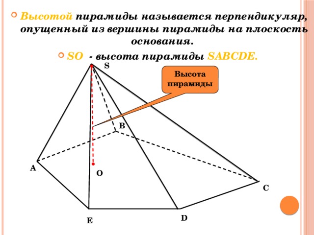 Высотой пирамиды называется перпендикуляр, опущенный из вершины пирамиды на плоскость основания. SО - высота пирамиды SABCDЕ.  S Высота пирамиды B A О C D E 