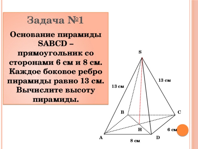 Задача №1 Основание пирамиды SABCD – прямоугольник со сторонами 6 см и 8 см. Каждое боковое ребро пирамиды равно 13 см. Вычислите высоту пирамиды. S 13 см 13 см C B 6 см Н A D 8 см 