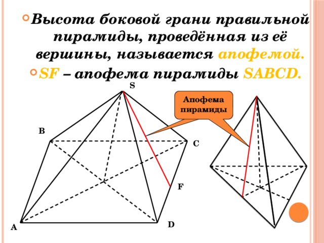 Высота боковой грани правильной пирамиды, проведённая из её вершины, называется апофемой. SF – апофема пирамиды SABCD. S Апофема пирамиды Апофема пирамиды B С F D A 