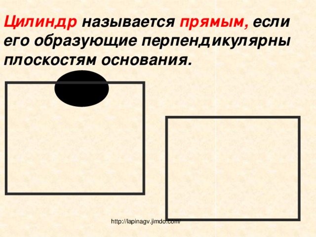 Цилиндр называется прямым, если его образующие перпендикулярны плоскостям основания. http://lapinagv.jimdo.com/ 