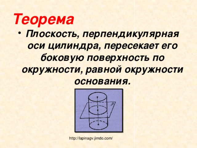 Теорема Плоскость, перпендикулярная оси цилиндра, пересекает его боковую поверхность по окружности, равной окружности основания. http://lapinagv.jimdo.com/ 