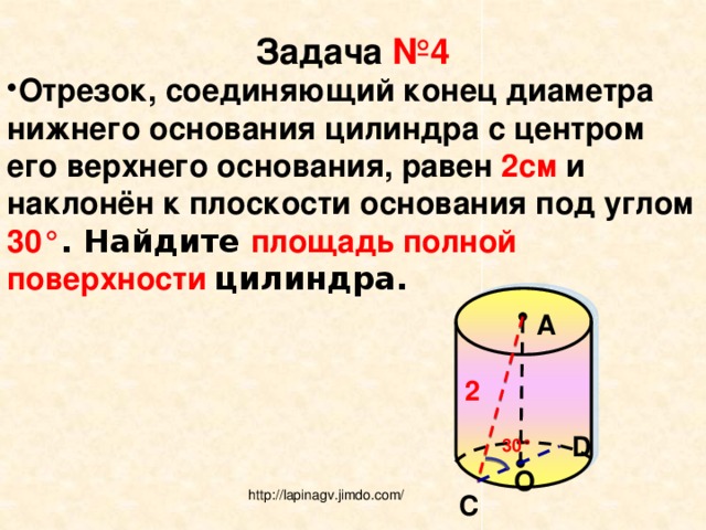 Задача №4 Отрезок, соединяющий конец диаметра нижнего основания цилиндра с центром его верхнего основания, равен 2см и наклонён к плоскости основания под углом 30° . Найдите площадь полной поверхности цилиндра. А 2  D 30° О http://lapinagv.jimdo.com/ С 