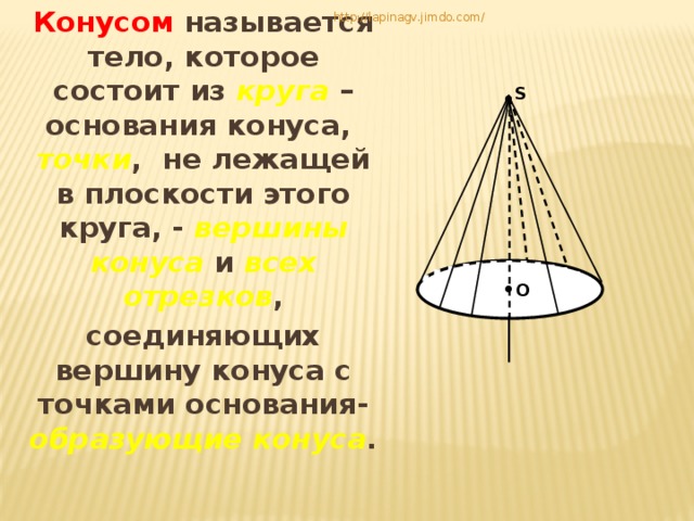 Конусом называется тело, которое состоит из круга – основания конуса, точки , не лежащей в плоскости этого круга, - вершины конуса и всех отрезков , соединяющих вершину конуса с точками основания- образующие конуса . http://lapinagv.jimdo.com/ S О 3 